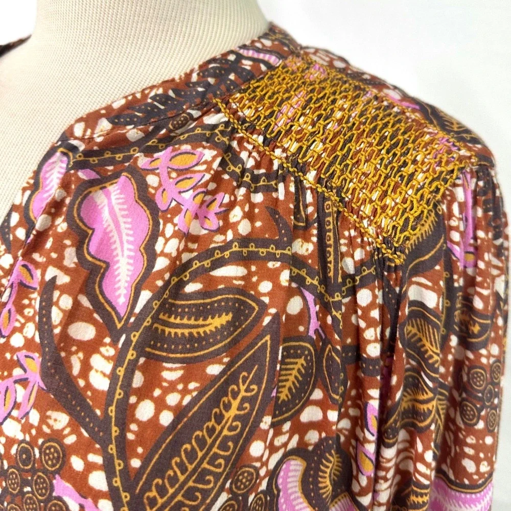 XIRENA The Aimi Blouse 100% Cotton Batik Floral Print Popover Women's M Boxy